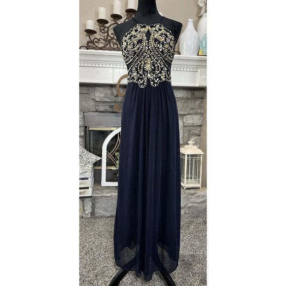 Vtg Y2K Blondie Nites Prom Dress Sz 3 Navy Blue Maxi Rhinestones Sequins Regency - Picture 4 of 8
